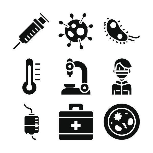 Conjunto de iconos de jeringa, virus y medicamentos, estilo silueta — Vector de stock