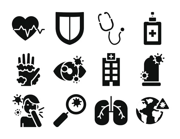 Corazón cardio y virus icono conjunto, estilo de silueta — Vector de stock