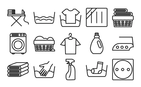 Waschmaschine und Textilpflege Icon Set, Linienstil — Stockvektor