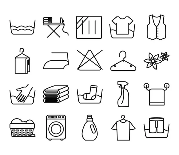 Lavadora y cuidado textil símbolos icono conjunto, estilo de línea — Vector de stock