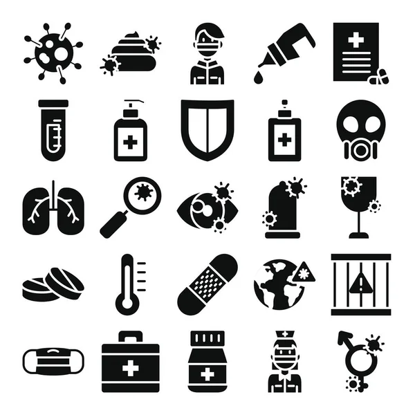 Shield and virus icon set, silhouette style — Stock Vector