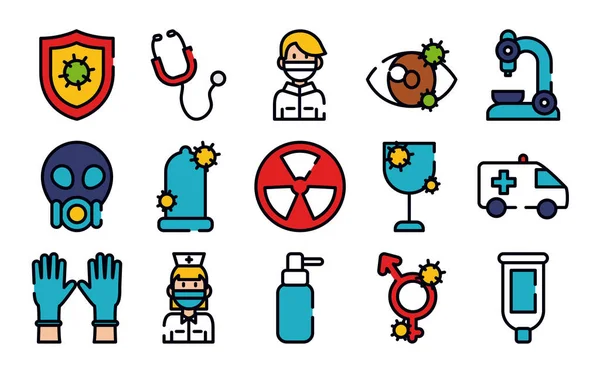Set di icone di sthetoscope, virus e medicina, linea e stile di riempimento — Vettoriale Stock