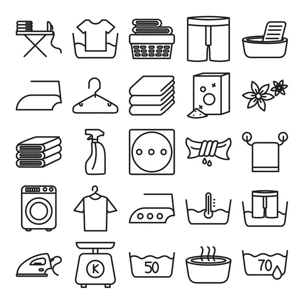 Hierro y textiles cuidado símbolos icono conjunto, estilo de línea — Vector de stock