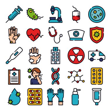 termometre, virüs ve ilaç simgesi seti, satır ve doldurma biçimi