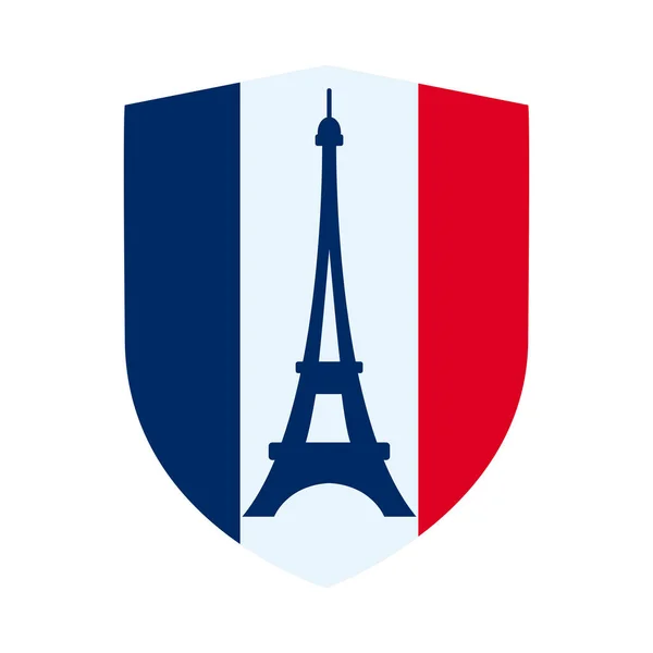 Concept jour bastille, bouclier france avec drapeau français et icône tour eiffel, style plat — Image vectorielle