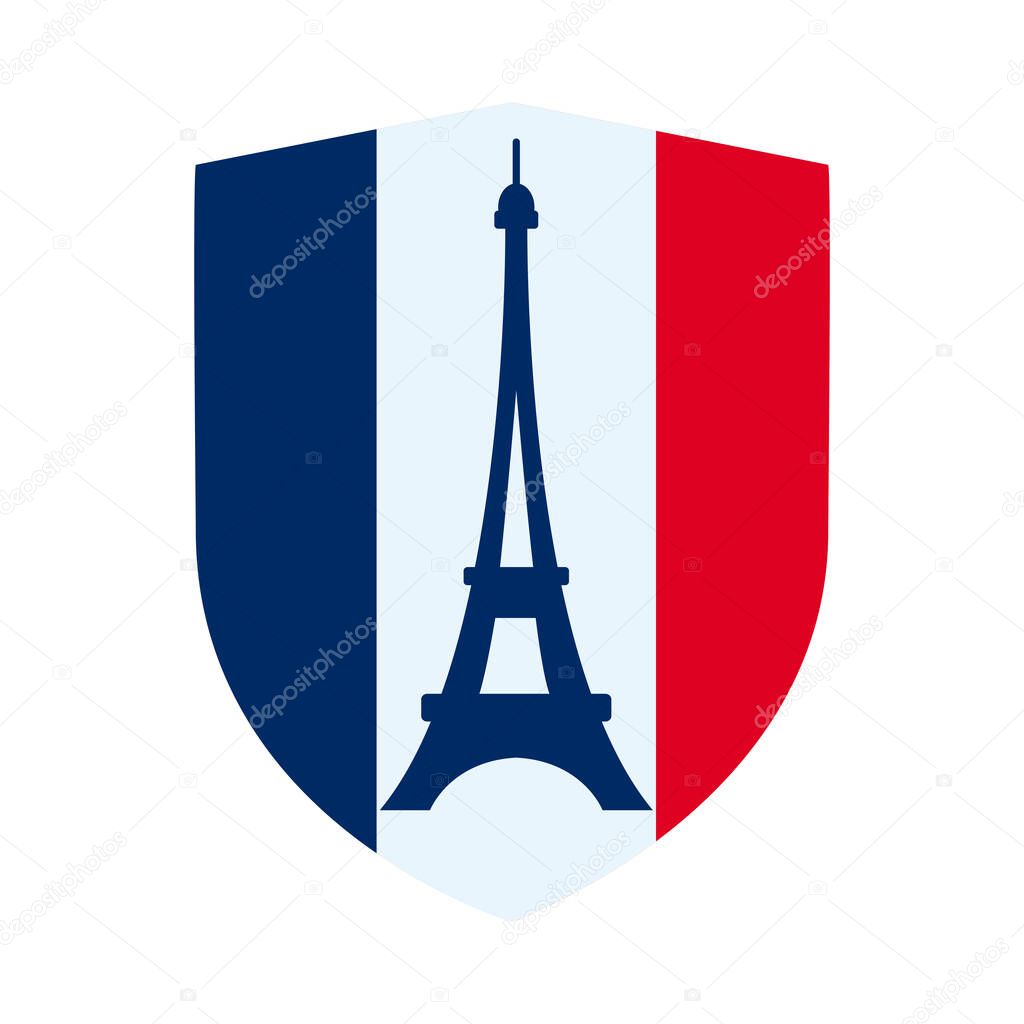 bastille day concept, france shield with french flag and eiffel tower icon, flat style