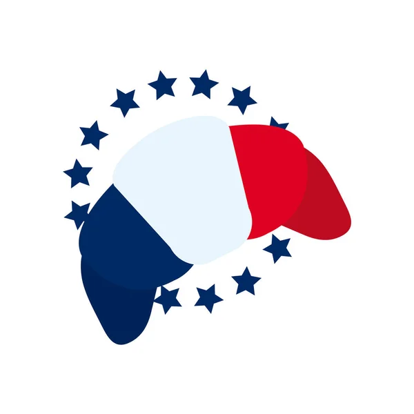 Concetto giorno bastille, stelle decorative e croissant con disegno bandiera francese, stile piatto — Vettoriale Stock