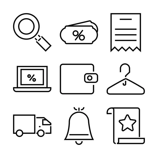 Lupe und Online-Shopping-Icon Set, Linienstil — Stockvektor