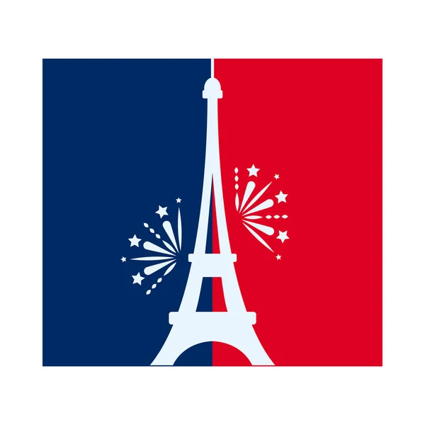 Concetto giorno bastille, bandiera con torre eiffel e fuochi d'artificio con design bandiera francese, stile piatto — Vettoriale Stock