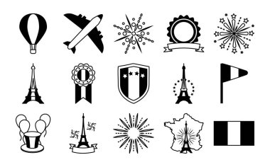 uçak ve bastille günü simgesi seti, satır biçimi