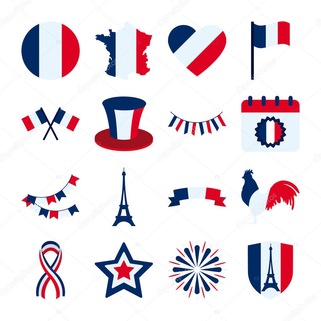 eiffel tower and bastille day icon set, flat style