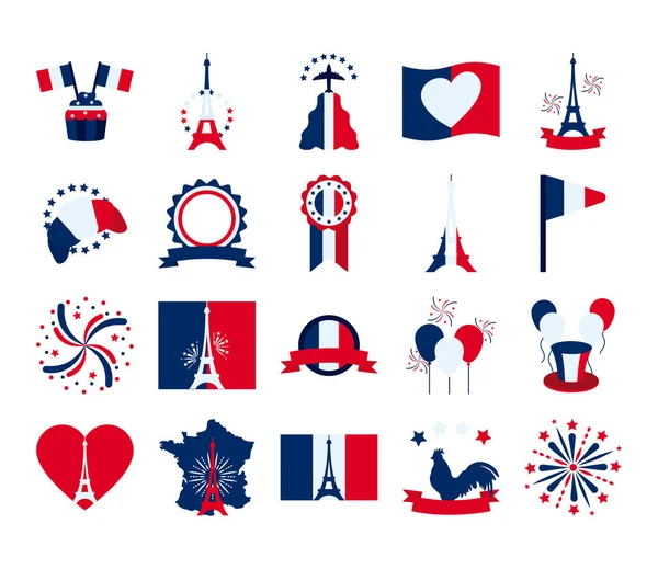 Heart and bastille day icon set, flat style — Stock Vector