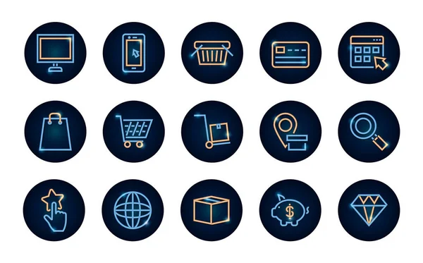 Esfera global y conjunto de iconos de compras en línea, estilo neón — Vector de stock