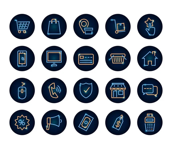 Computer und Shopping Online-Icon-Set, Neon-Stil — Stockvektor