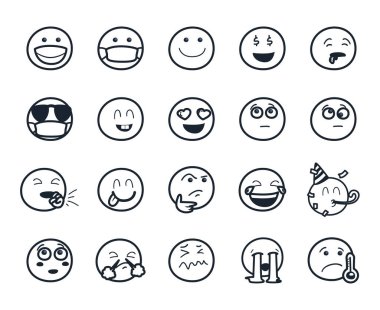 Emojis, çizgi biçimi vektör tasarımı ile karşı karşıya