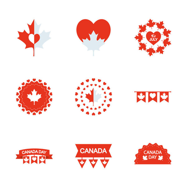 decorative pennants and Canada day icon set, silhouette style