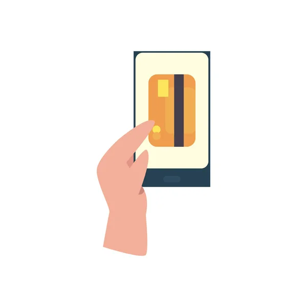 Mano celebración de teléfono inteligente con tarjeta de crédito de estilo plano icono de diseño vectorial — Vector de stock