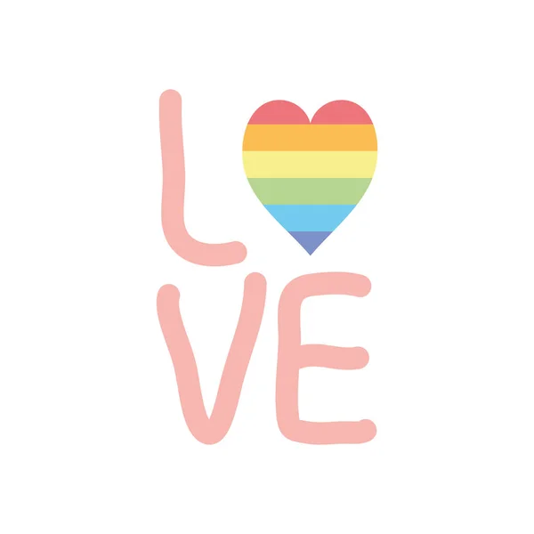 Concept de fierté, LOVE lettrage design avec coeur avec des couleurs de fierté, style plat — Image vectorielle