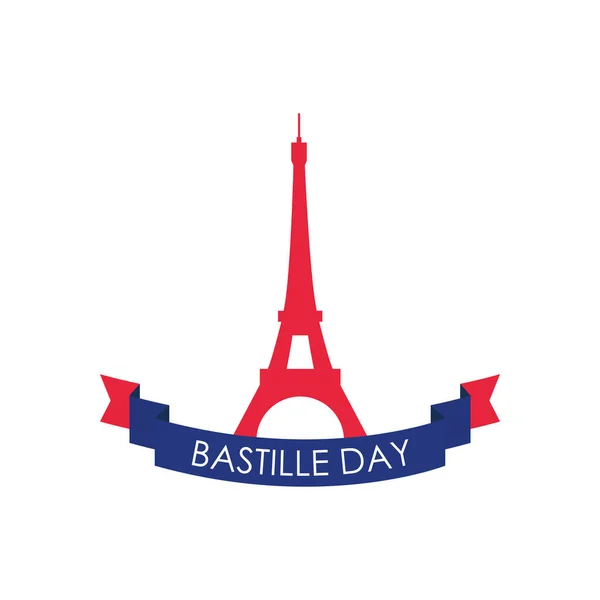Ευτυχισμένη ημέρα της Βαστίλης έννοια, πύργος του Άιφελ και κορδέλα, μπλοκ στυλ σιλουέτα — Διανυσματικό Αρχείο