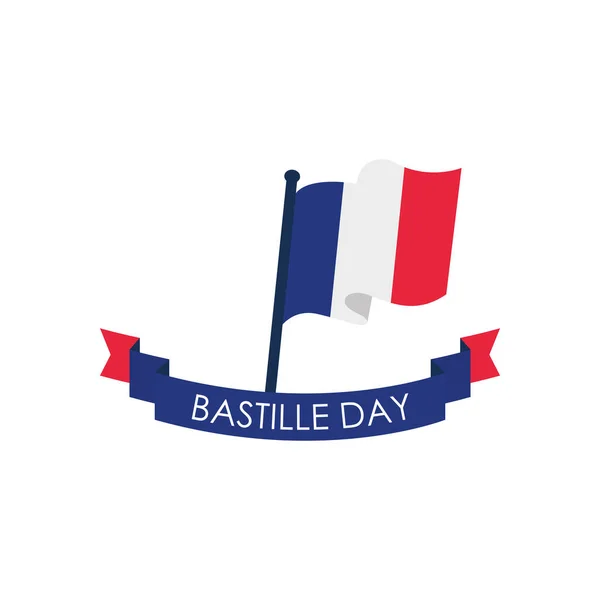 Ευτυχισμένη ημέρα της Βαστίλης έννοια, γαλλική σημαία κυματίζει και διακοσμητική κορδέλα, επίπεδη στυλ — Διανυσματικό Αρχείο