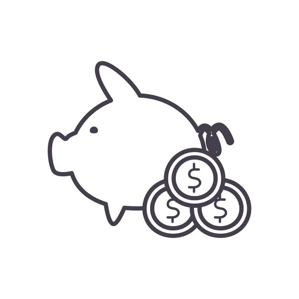 Piggy e moedas linha estilo ícone vetor design — Vetor de Stock
