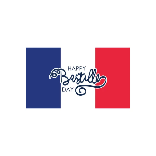 Joyeux lettrage du jour de la Bastille sur drapeau français, style plat — Image vectorielle