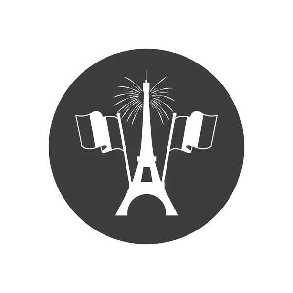 Bastille dag concept, eiffeltoren met vuurwerk en decoratieve franse vlaggen, blok silhouet stijl — Stockvector