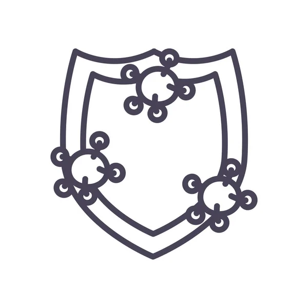 Covid 19 virus y escudo línea estilo icono de diseño de vectores — Archivo Imágenes Vectoriales