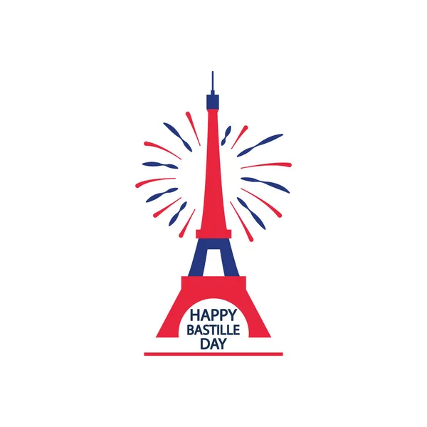 Happy bastille day concept, eiffel tower and fireworks, flat style — Stock Vector