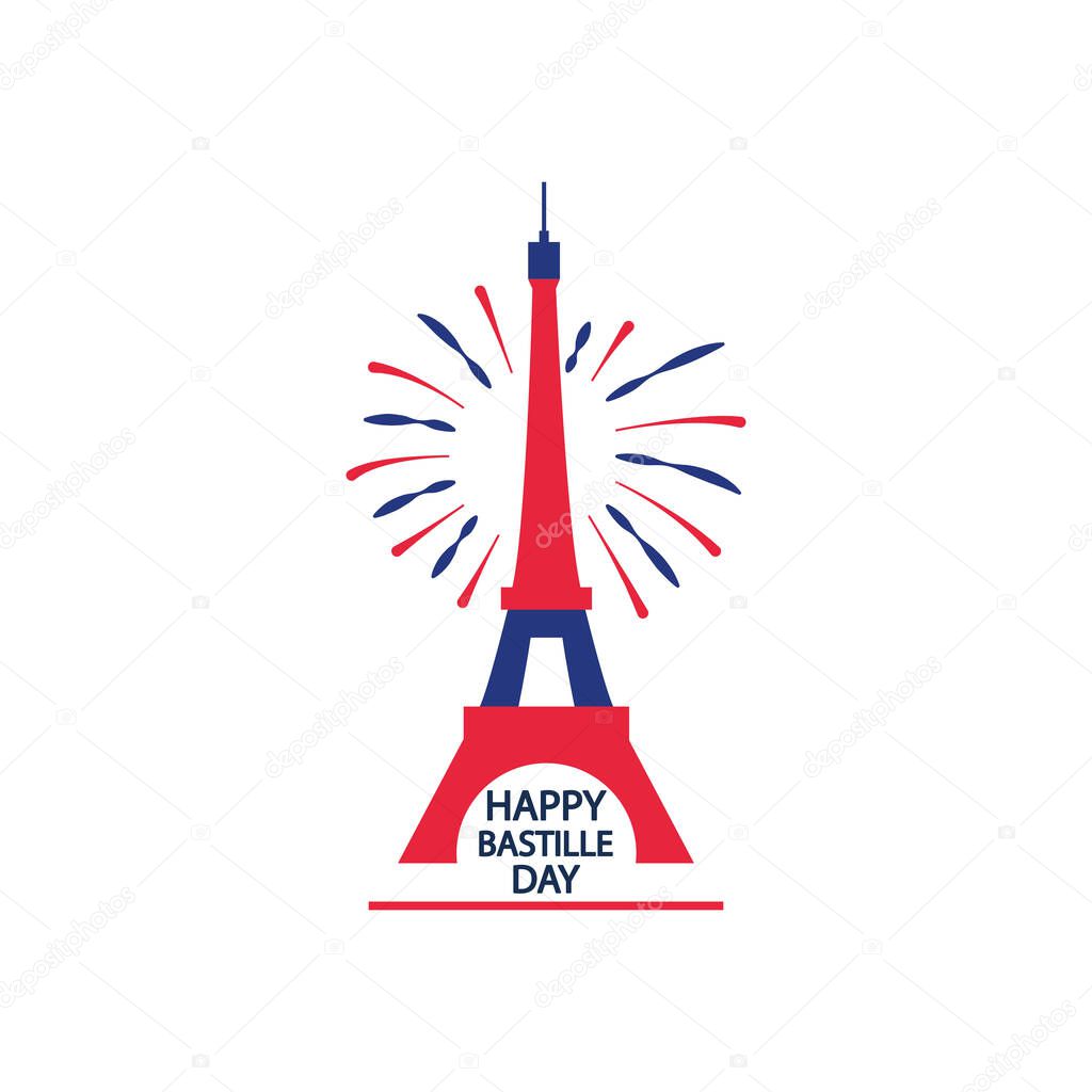 Happy bastille day concept, eiffel tower and fireworks, flat style