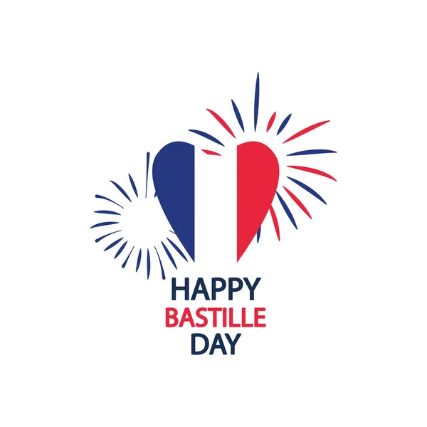 Concepto feliz día de la Bastilla, bandera de Francia en forma de corazón y fuegos artificiales, estilo plano — Archivo Imágenes Vectoriales