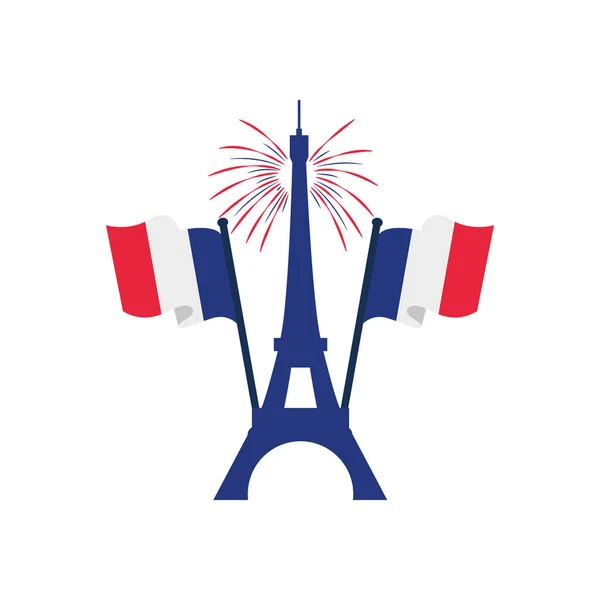 Bastille-Konzept, Eiffelturm mit Feuerwerk und dekorativen Frankreich-Fahnen, flacher Stil — Stockvektor