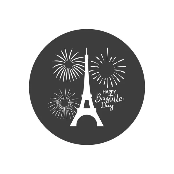 Bastille Day Konzept, Eiffelturm und Feuerwerk, Blocksilhouetten-Stil — Stockvektor