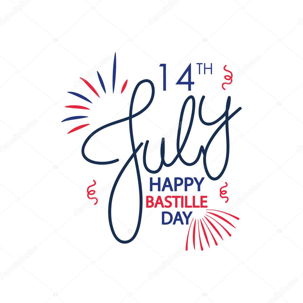 Happy Bastille day lettering design with decorative burst, flat style