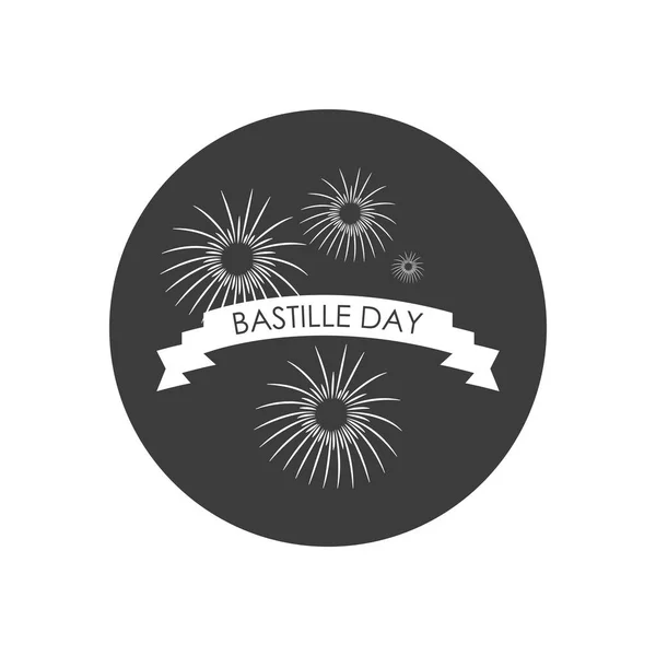Διακοσμητική κορδέλα και πυροτεχνήματα και Happy bastille ημέρα γράμματα σχεδιασμό, μπλοκ στυλ σιλουέτα — Διανυσματικό Αρχείο
