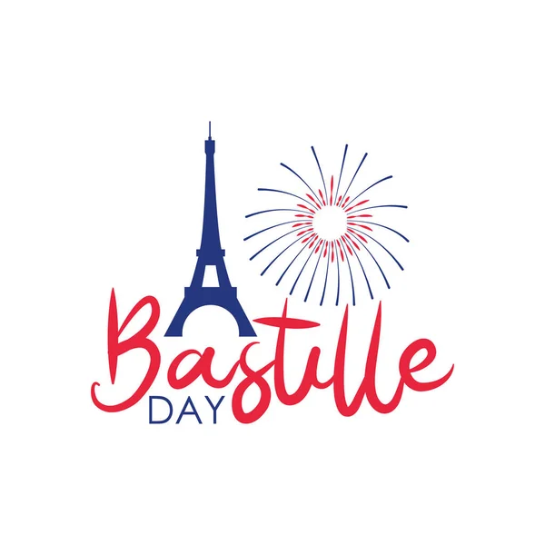 Projeto feliz do dia da Bastilha com torre eiffel e fogos de artifício, estilo plano — Vetor de Stock