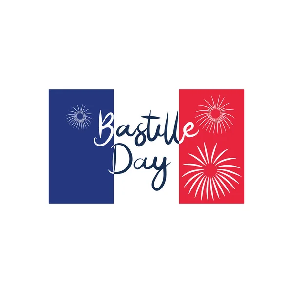 Projeto do dia da Bastilha com bandeira da França e ícone de fogos de artifício, estilo plano — Vetor de Stock