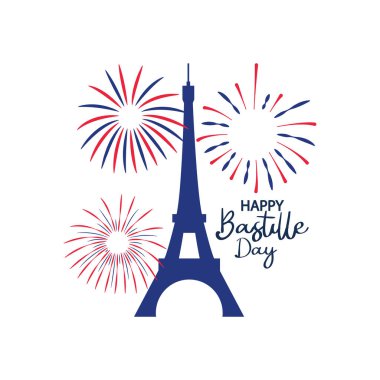 Bastille Günü konsepti, Eyfel Kulesi ve havai fişekler, düz stil.