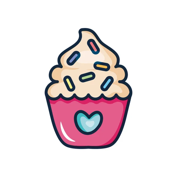Cupcake sucré avec icône coeur, style ligne couleur — Image vectorielle
