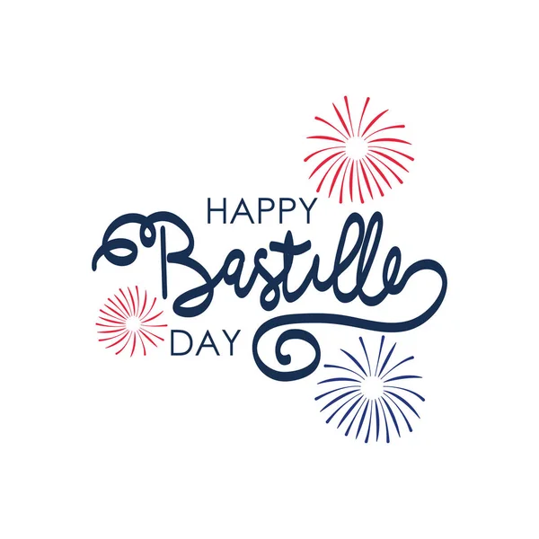 Feliz bastilha dia lettering design com fogos de artifício decorativos, estilo plano — Vetor de Stock