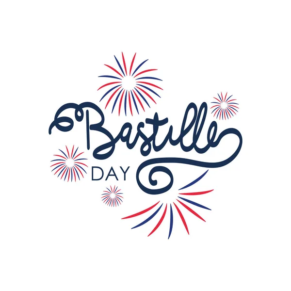 Bastille day lettering design with decorative fireworks, flat style — Stock Vector