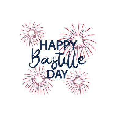 Mutlu Bastille Günü harf dizaynı ve dekoratif havai fişekler, düz stil