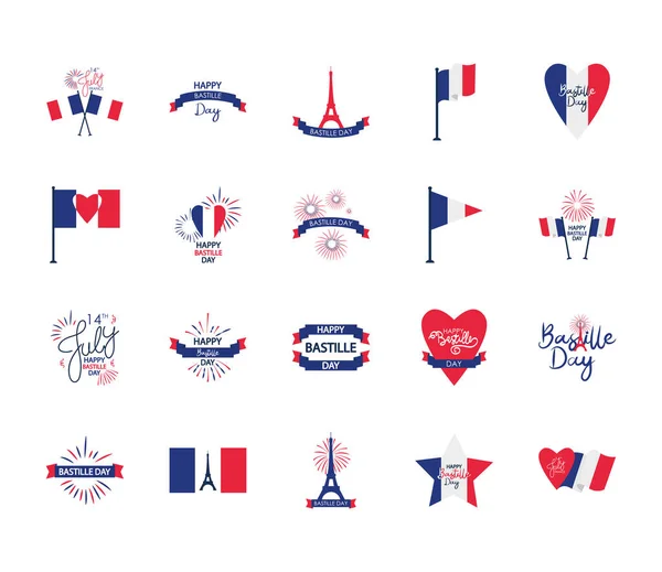 Bandiere francesi e set di icone Bastille giorno, stile piatto — Vettoriale Stock