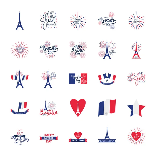 Σημαίες της Γαλλίας και Happy Bastille ημέρα εικονίδιο που, επίπεδη στυλ — Διανυσματικό Αρχείο