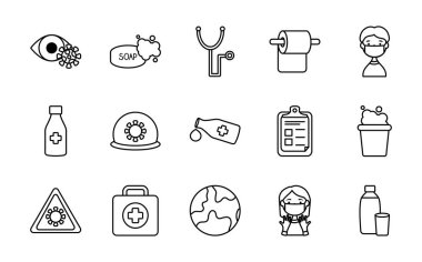 stetoskop, virüs ve ilaç ikonu seti, satır biçimi