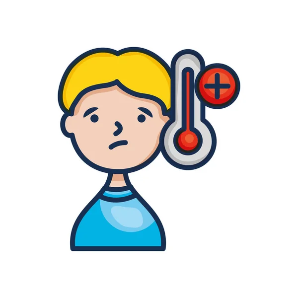 Virus concept, cartoon man met koorts pictogram, lijn kleur stijl — Stockvector