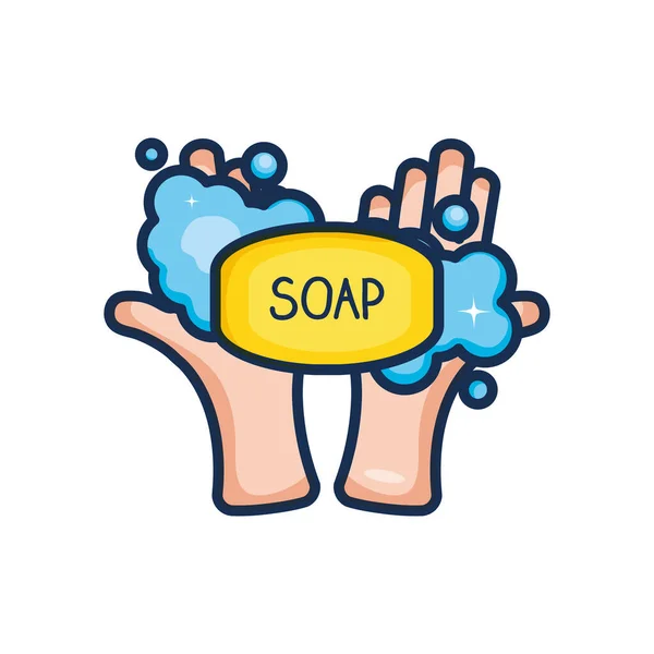 Hand with soap bar and foamy, line color style — Stock Vector