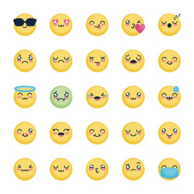 cool emoji ve emoji yüzleri simge seti, düz stil