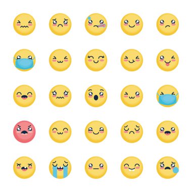 Ağlayan emoji ve emojiler simge seti, düz stil