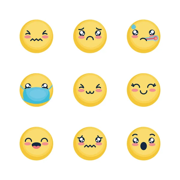 Emoji triste e emoji rostos conjunto de ícones, estilo plano — Vetor de Stock